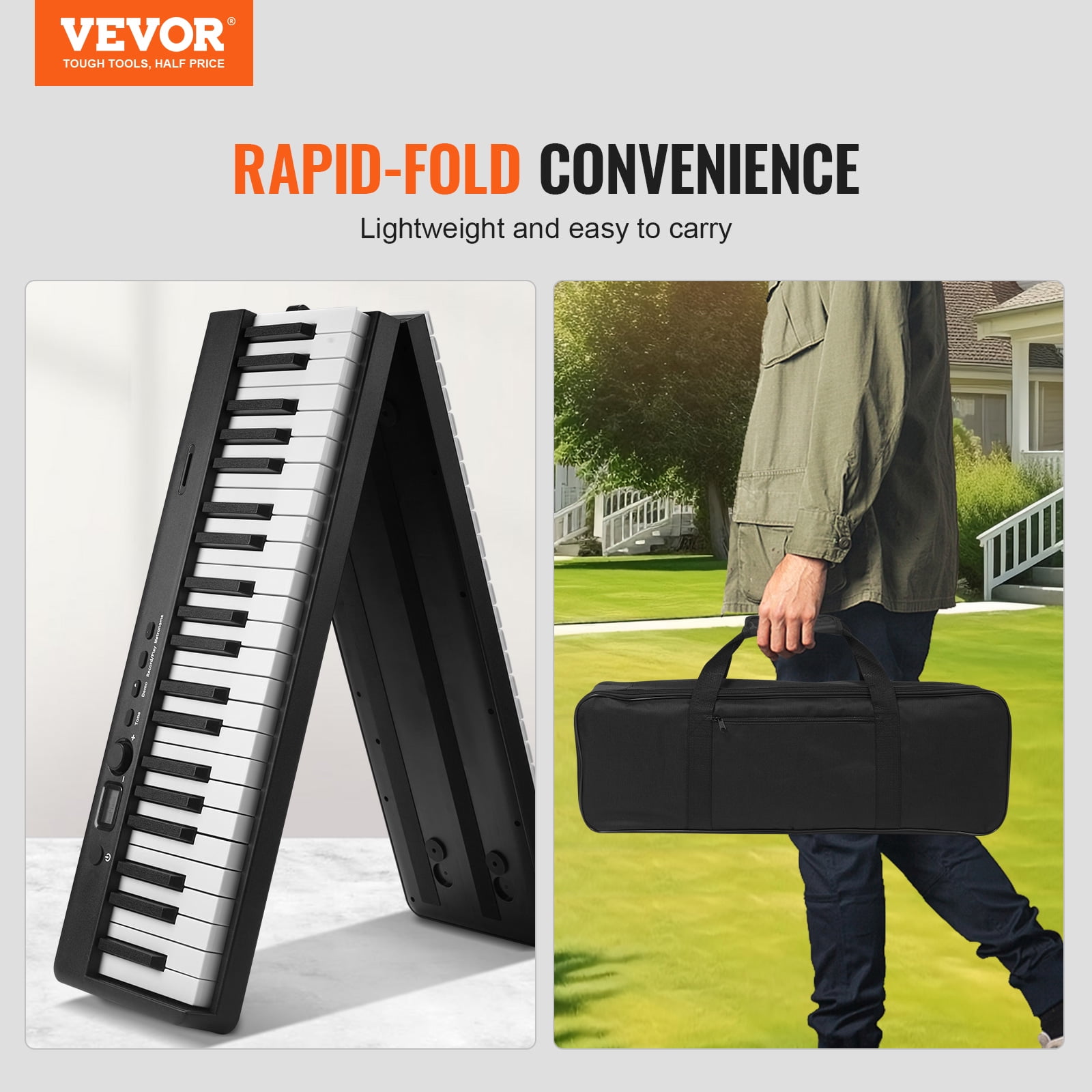 VEVOR 88 Key Folding Keyboard Piano, Bluetooth & MIDI, Portable Electronic Digital Foldable Piano with Stand Sustain Pedal Bag Touch Sensitive Keys, Rechargeable for Beginners Teens Adults, Black