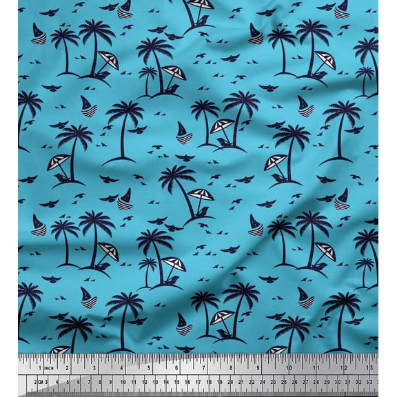 Soimoi Crepe Silk Fabric Coconut Tree,Bird & Sailboat Beach Printed Craft Fabric by The Yard 42 Inch Wide