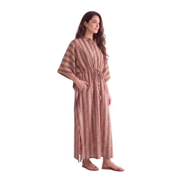 Safeera Cotton Floral Stripe Maxi Kaftan 100% Cotton Free Size
