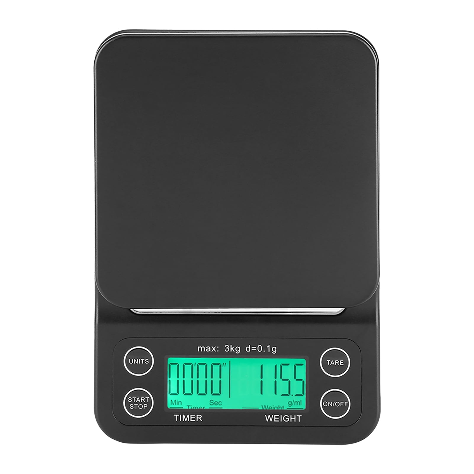 LAZIOEGR 3KG/0.1g Electronic Digital Kitchen Food Scale, Drip Coffee Weighing with Built-In Timer, Green Backlight LCD Screen, Black Body, Unit Conversion g/ml/oz/lb, 9.06 inches / 23 cm Length