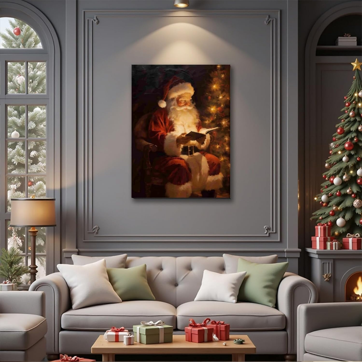 Christmas Reindeer Wall Art Framed, Cottage Winter Forest Wildlife Deer Picture Wall Decor, Rustic Xmas Cozy Winter Hanging Canvas Prints for Home Bedroom Living Room Decoration
