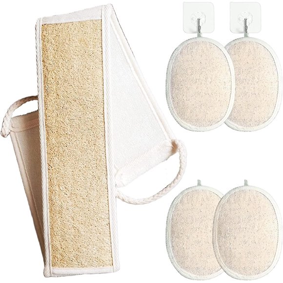 7 Pack Loofah Exfoliating Back Scrubber Natural Loofah Sponge Pad Set With Seamless Hook,loofah Sponge Bath Shower Exfoliating Back Scrubber Set For M