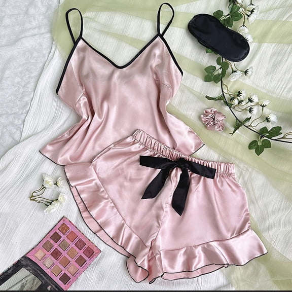 Blmnix Sexy Pajama Womens Pajama Pants Sleepwear Sets Satin Pajama Shirts Sleeveless V-Neck Pink Wide-Leg Short Pajama Shorts,S