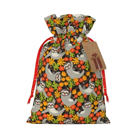 Naloa Sloth on the Branch Drawstring Christmas Bags, 3D Xmas Gift Bags, Christmas Wrapping Bags, Xmas Goodie Bags, Treat Pouch Bags, Party Favor Bags-Medium