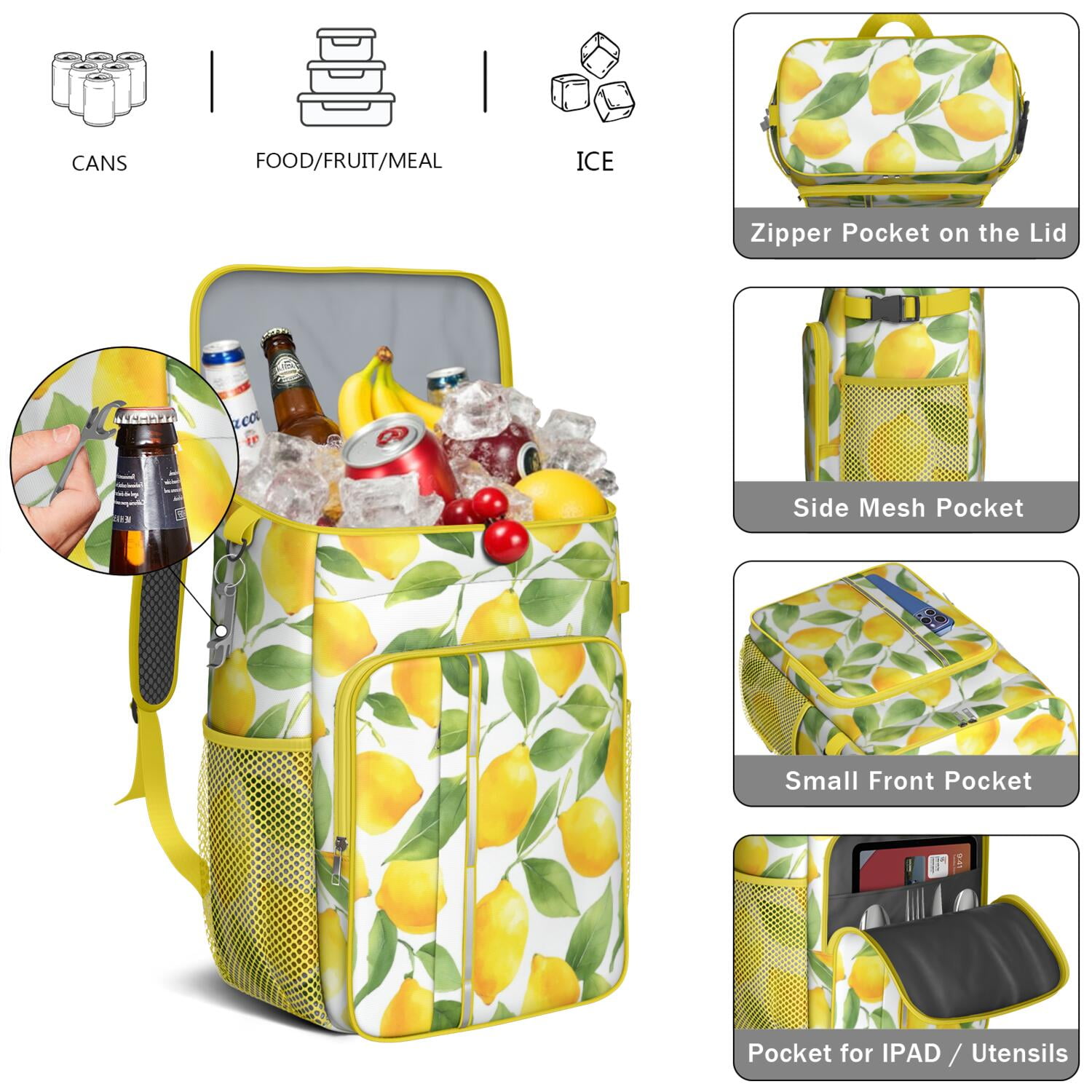 Travel Cooler Bag - Lemon Camping Beer Cooler Backpack with Bottle Opener- Waterproof Insulated Picnic Backpacks - Cooler Bag for Beach