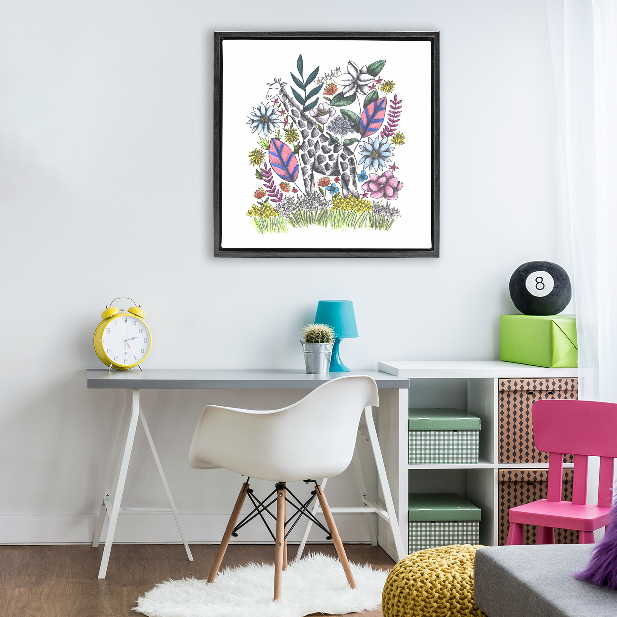Giraffe in Midst of Flowers Black Framed Floater Canvas Wall Art, design by Cecilia Battaini