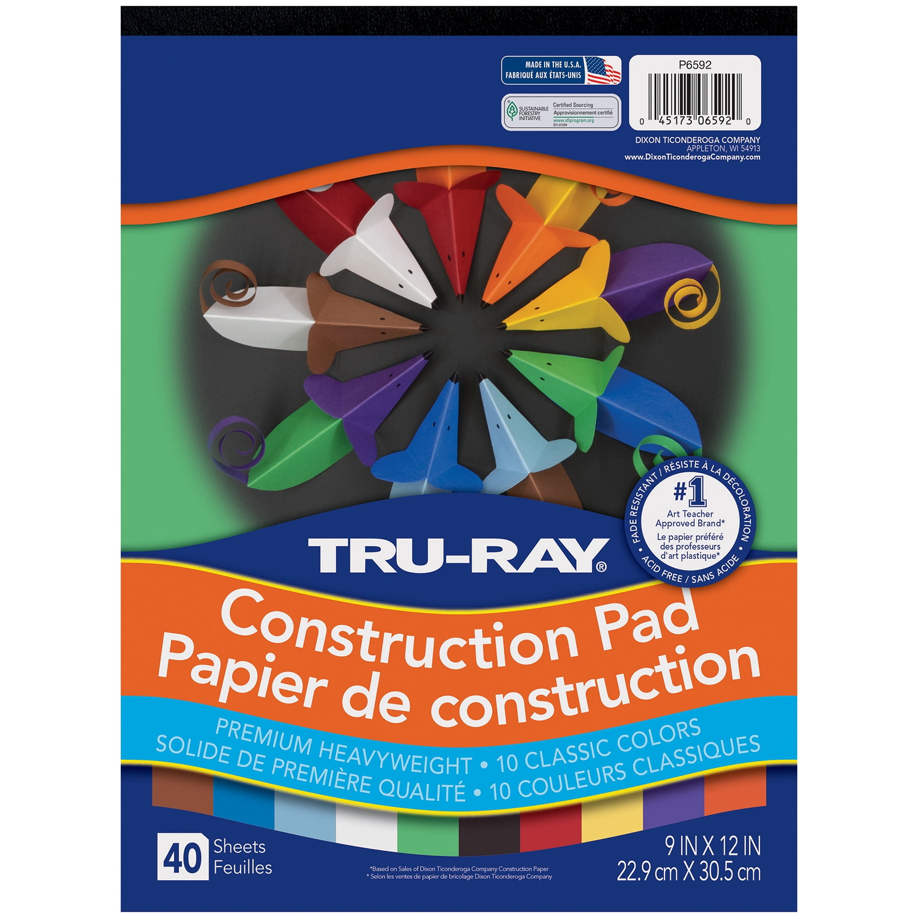 Tru-Ray Construction Paper Pad, Heavyweight, 10 Classic Colors, 9" x 12", 40 Sheets, Pack of 6