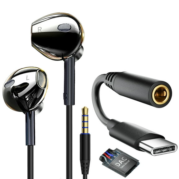 3.5mm plug wired headphones with [USB C to 3.5mm adapter],metal subwoofer stereo wired earbuds with microphone noise reduction,in ear earphones wire with magnet