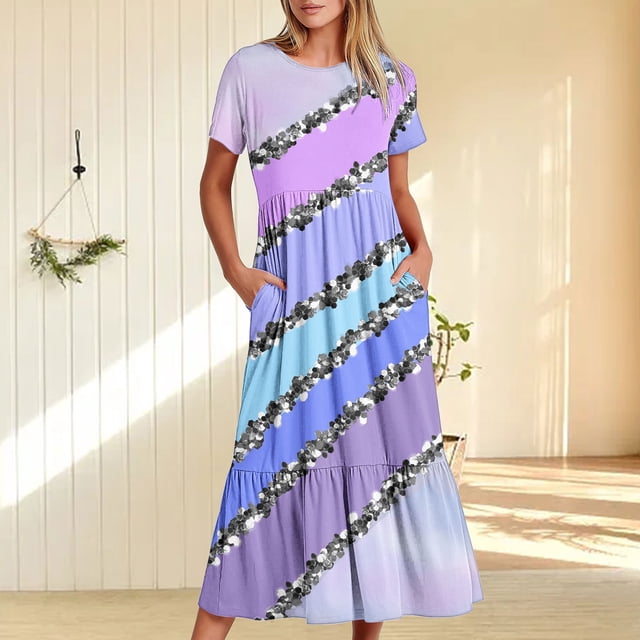 Fankiway Robe Longue Décontractée à Manches Courtes Col Rond Imprimé Brillant Mode pour Femmes Courbes Robes de Printemps pour Femmes 7291