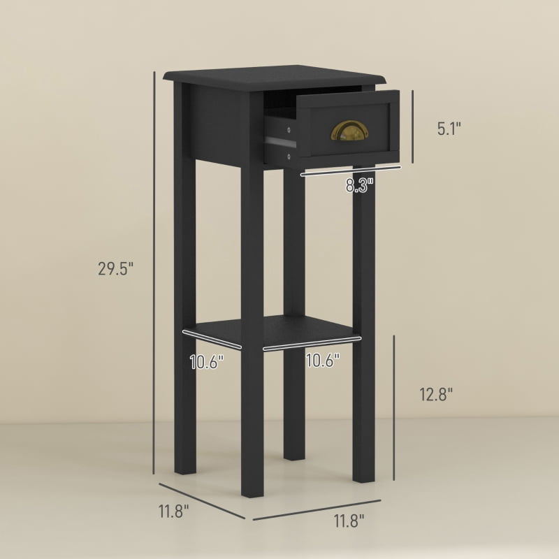 HOQBN 2-Tier Side Tables Set of 2 with Drawer and Shelf, 2-Piece End Table Set for Living Room and Hallway, Black