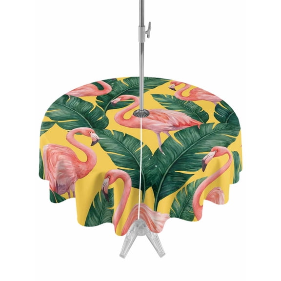 Outdoor Tablecloth with Umbrella Hole for Patio/Picnic/Party/Camping, Pink Flamingo Waterproof Table Cloth Round Cover Washable, Vintage Summer Tropical Leaves Yellow (Dia 60")