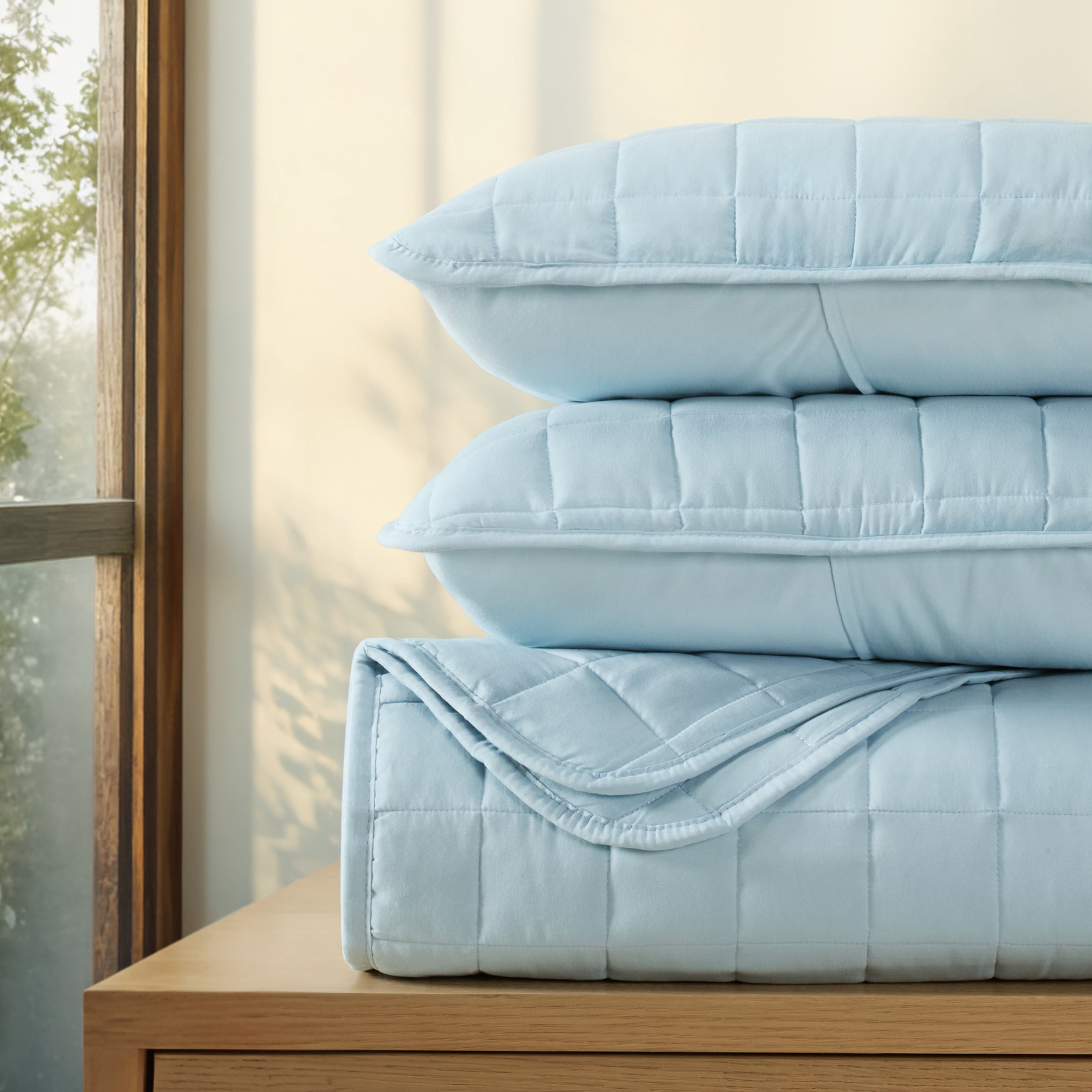 Noble Linens Pale Blue Square Pattern Quilted Coverlet Set, Full/Queen