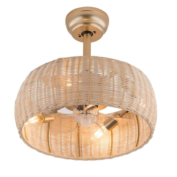 18.5 inches Ceiling Fan with Light and Remote Control, 5-Blades Reversible Chandelier Fan Ceiling Light Fixture with Rattan Caged Lampshade