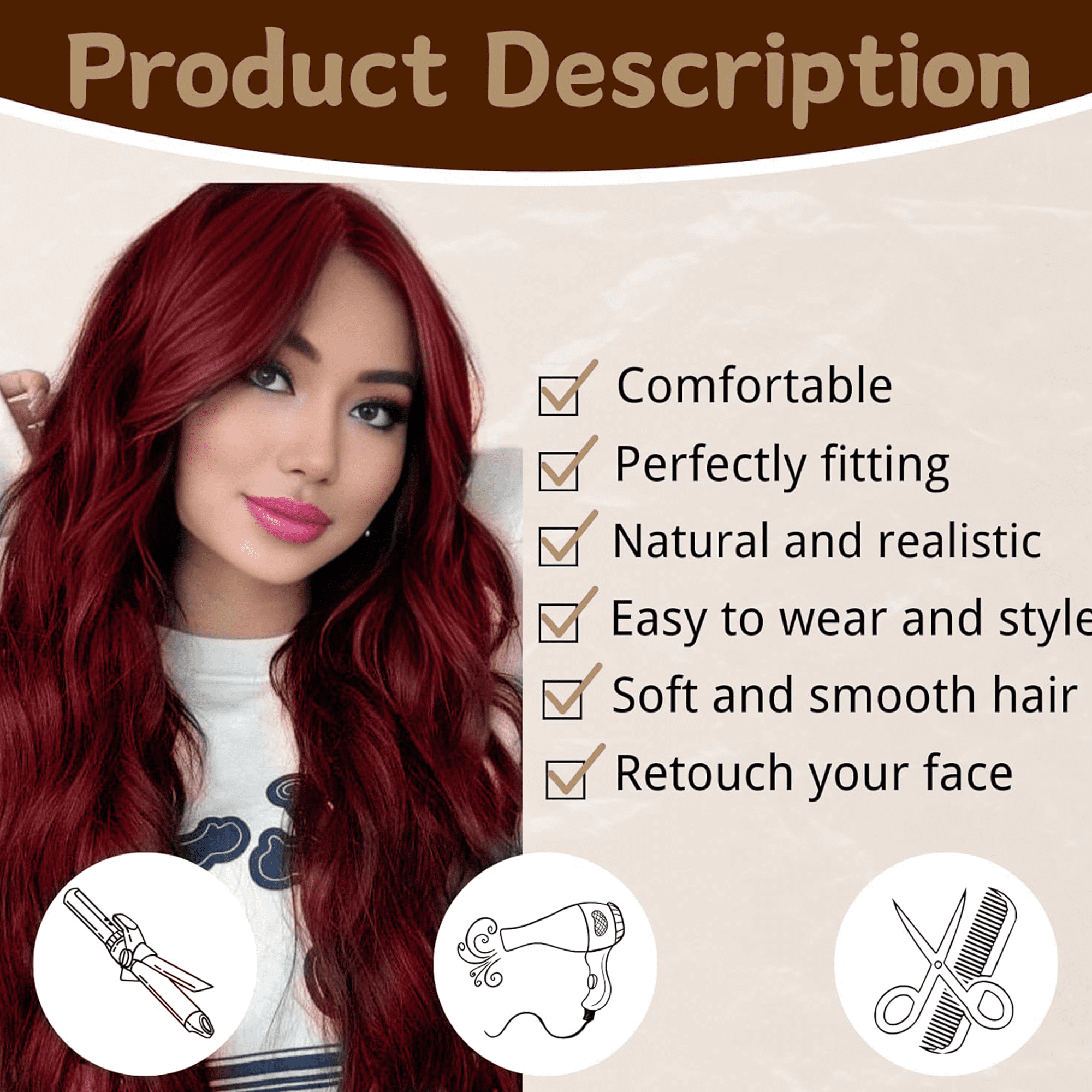 Morovan Long burgundy Wig for Women 26 Inch Middle Part Wavy Women Charming Hair Realistic Natural Looking Synthetic Heat Resistant Fiber Wig for Daily Party Use