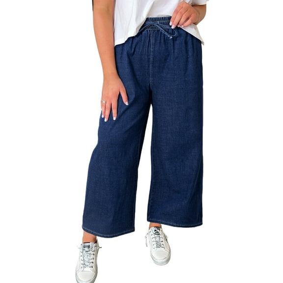 Plus Size Real Teal Drawstring High Waist Wide Leg Casual Jeans for Women | [ZhiHiMeRi] | (US 14W-16W)1X