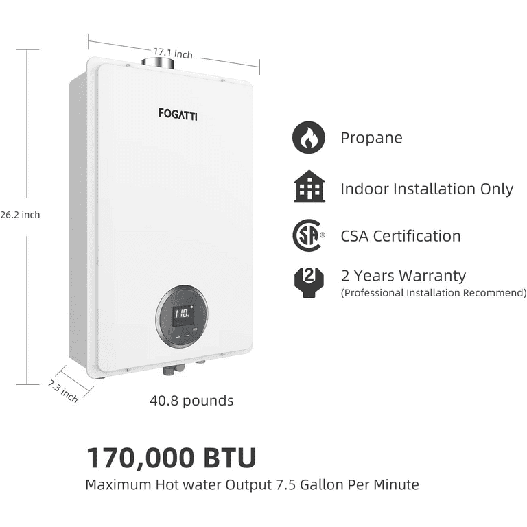 FOGATTI 7.5 GPM Tankless Water Heater Propane Gas Indoor Tankless Water  Heater Instant Hot Water Heater for Home Shower - Walmart.com