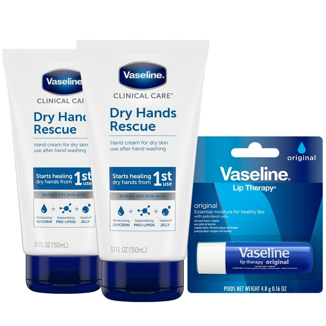 Crema de manos Vaseline Dry Hands Rescue 150 ml x 2 + bálsamo labial