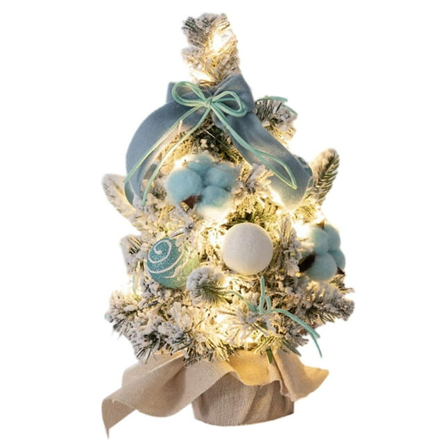 Mini árbol de Navidad decorativo de escritorio, árbol de Navidad nevado pequeño con luz DIY azul 30cm