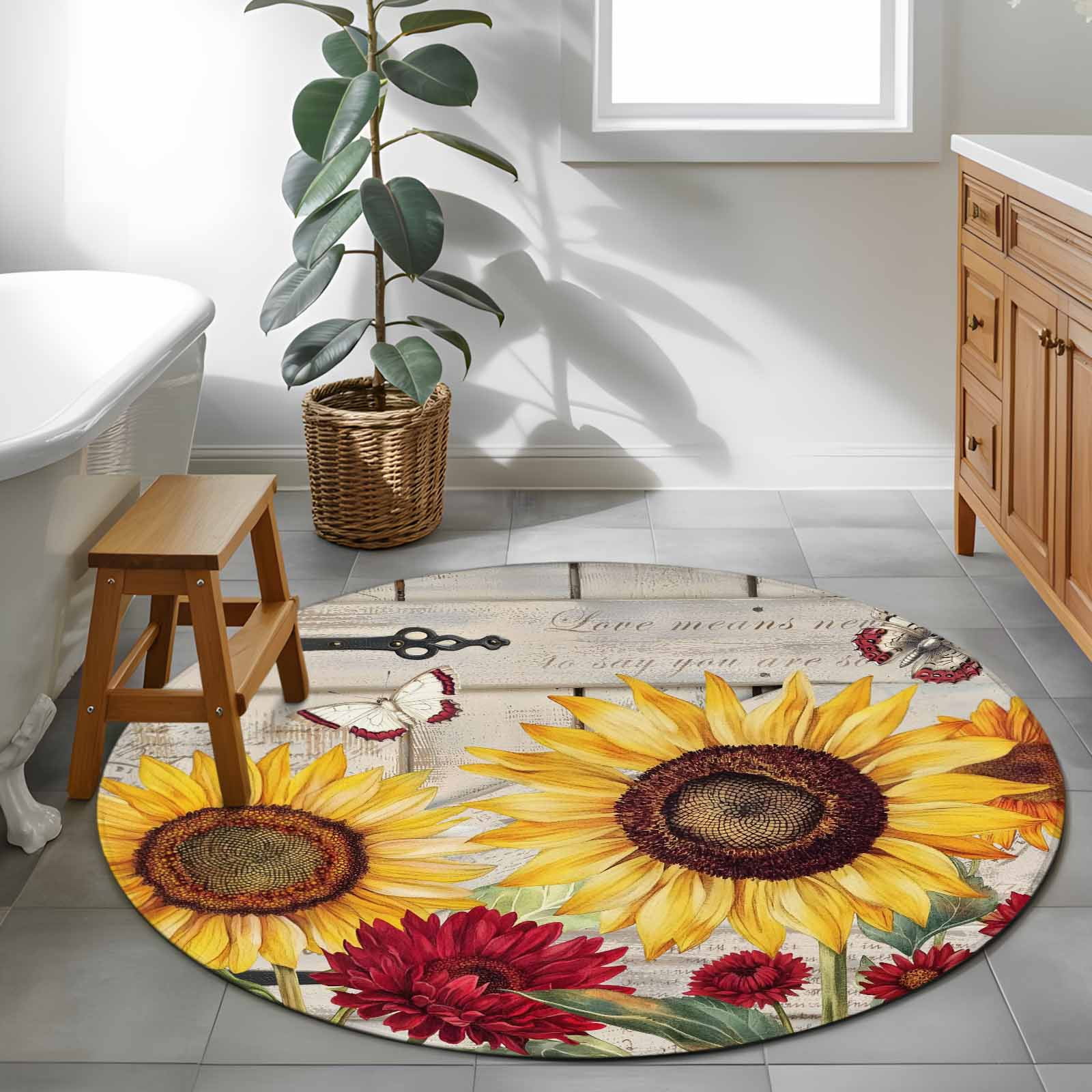 Round Area Rugs Collection 3 Ft, Red Yellow Sunflowers Non-Slip Residential Carpet, Retro Rustic Barn Doors Butterfly Brown Indoor Crawling Mats Doormat Runner Rugs Play Mat forBedroom