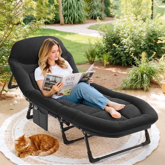 Dozzle Premium Folding Camp Cot with Cushioned Headrest & Mattress — Ultra-Comfort Portable Sleeper for Outdoor Adventures, Home Use & Travel, Reinforced All-Steel Frame, Black