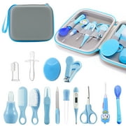 NBPOWER 14Pcs Baby Grooming Kit, Food Grade Silicone Material Newborn Essentials, Portable Newborn Safety Care Set with Nail Clipper, Hair Brush, Ear Cleaner, Nasal Aspirator for Baby Girl Boys, Blue