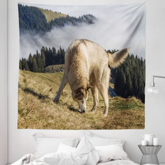 Alaskan Malamute Tapestry, Purebred Dog Foggy Mountains Trees Faithful Companion, Fabric Wall Hanging Decor for Bedroom Living Room Dorm, 5 Sizes, Dark Green Pale Brown, by Ambesonne