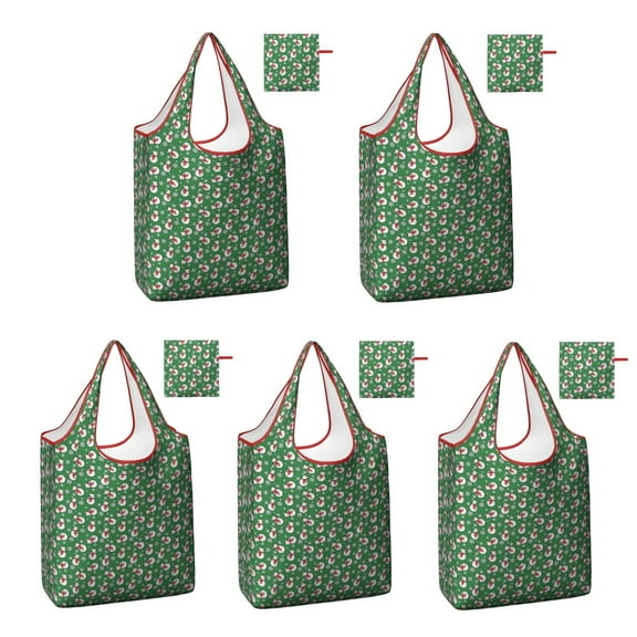 5 Pack Foldable Shopping Bag,Green Christmas Snowman Pattern Reusable Grocery Bags with Pockets,Large Reusable Tote Bags with Handles Waterproof & Lightweight