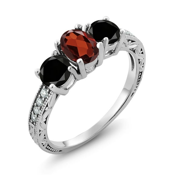 Gem Stone King 2.09 Ct Oval Red Garnet Black Diamond 925 Sterling Silver Moissanite Ring (Size 9)