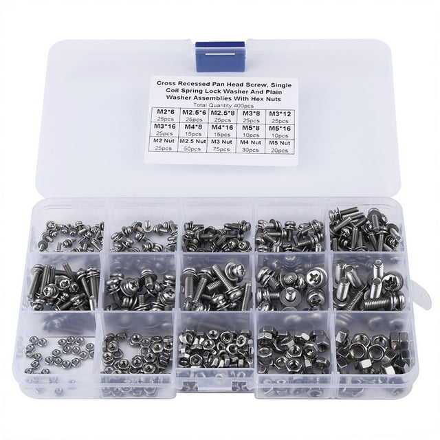 400 piezas M2 M2.5 M3 M4 M5 Kit de Tuercas y Arandelas de Tornillos de Cabeza Cruzada - Acero inoxidable 304 Duradero, Clasificación Organizada, Sujetador de Uso General Con Caja