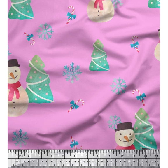 Soimoi Pink Cotton Cambric Fabric Snowman & Tree Christmas Decor Fabric Printed Yard 56 Inch Wide