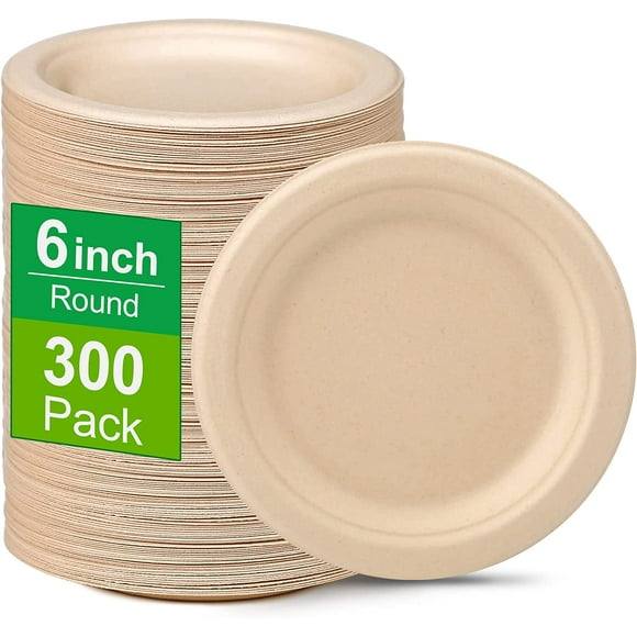 Greconv 300 Pack Paper Plates Bulk, Small Paper Plates 6 inch, Dessert Paper Plates Disposable, Compostable Paper Plates Made from Sugarcane Fibers, Recycled Paper Plates, Brown