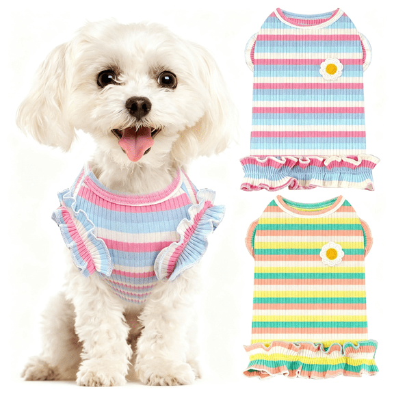 GASTROPOD 2Pcs Cute Striped Small Dog Shirts,Soft Cotton Girl Dog Clothes Breathable Ruffled Puppy Vest Spring Summer Pet Outfits for Chihuahua Yorkie Maltese and Cats(Purple Green,Small)
