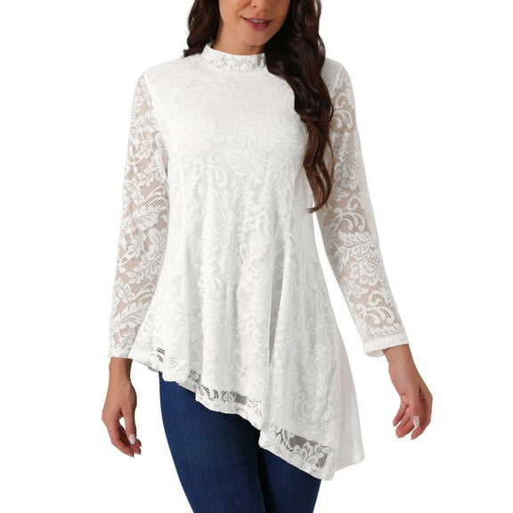 INSPIRE CHIC Women's Lace Tops Long Sleeve Mock Neck Asymmetric Hem Casual Elegant Blouses Shirts