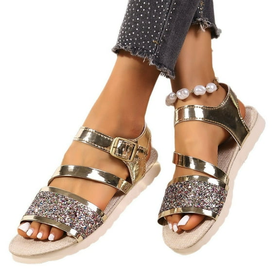 THDHVS Womens Sandals Comfortable,Sandals for Women,Women's Fashion Casual Sequined Buckle Spring and Summer Thick-Soled Breathable Sandals Gold 9