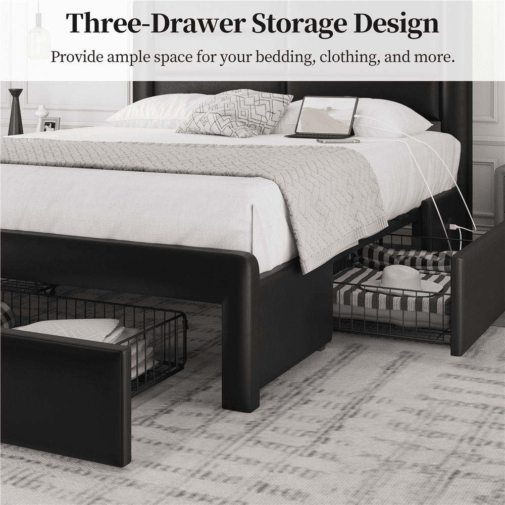 Renwick Upholstered Platform Bed with Storage Drawers and USB Ports, All Ages, Black, Queen
