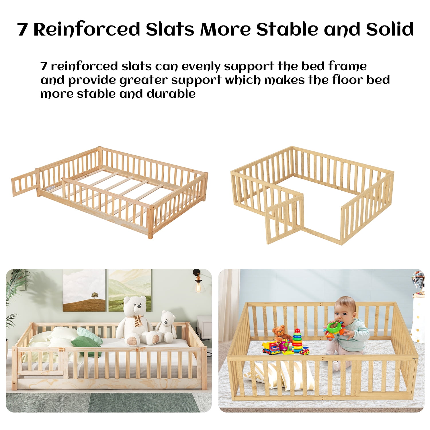 Queen Floor Bed for Kids, Sturdy Wood Montessori Bed Frame with Wood Slats, Fence & Door, Montessori Floor Bed for Girls and Boys, Natural (with Bed Slats)
