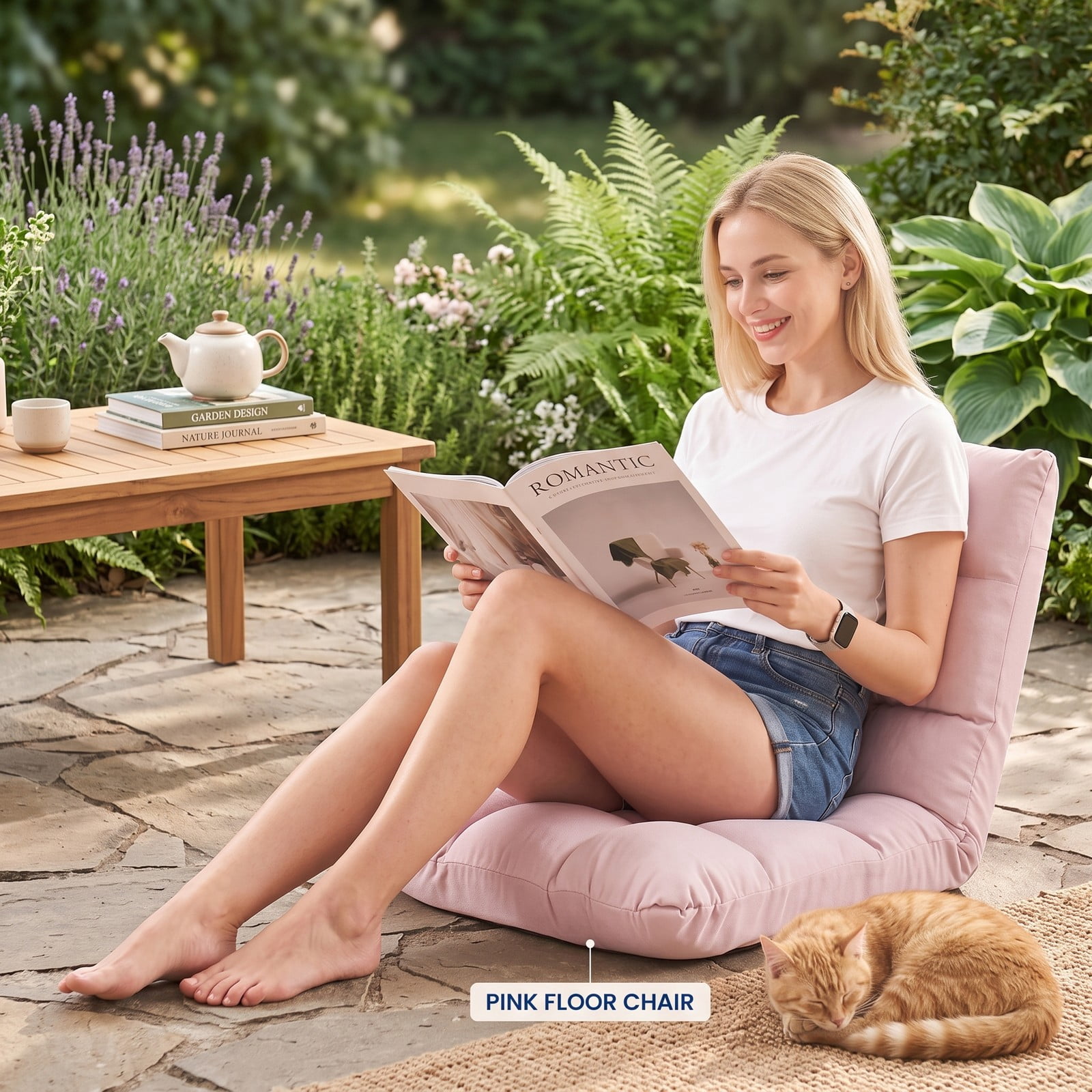 Furnibear 14-Position Adjustable Folding Floor Gaming Chair, Padded Lazy Recliner Sofa with Reclining Backrest for Living Room Bedroom Reading, Light Pink