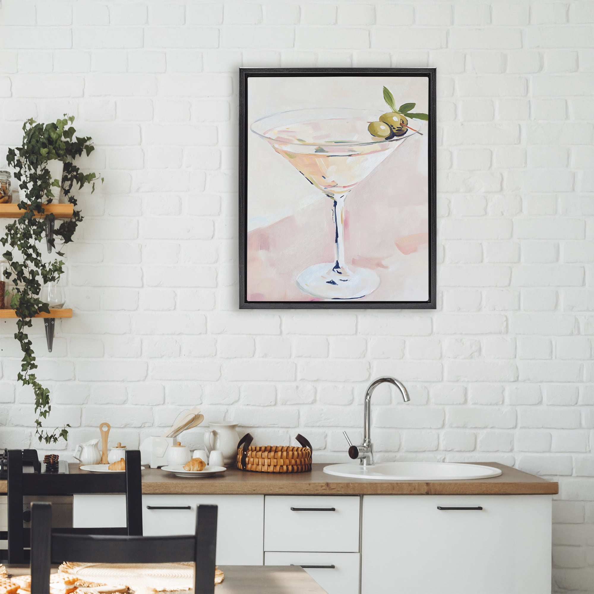 Stupell Industries Pastel Martini with Olive Garnish Black Framed Floater Canvas Wall Art, design by The Prints Vibe