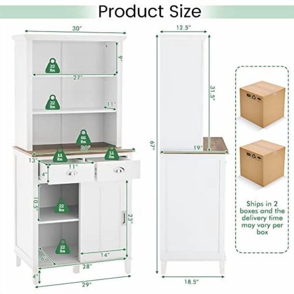 LOKO Kitchen Pantry Storage Cabinet, 67” Tall Buffet Hutch with Sliding Doors, Drawers & Adjustable Shelves, 67" Tall Freestanding Kitchen Hutch Storage Cabinet, 30 x 19 x 67 inches