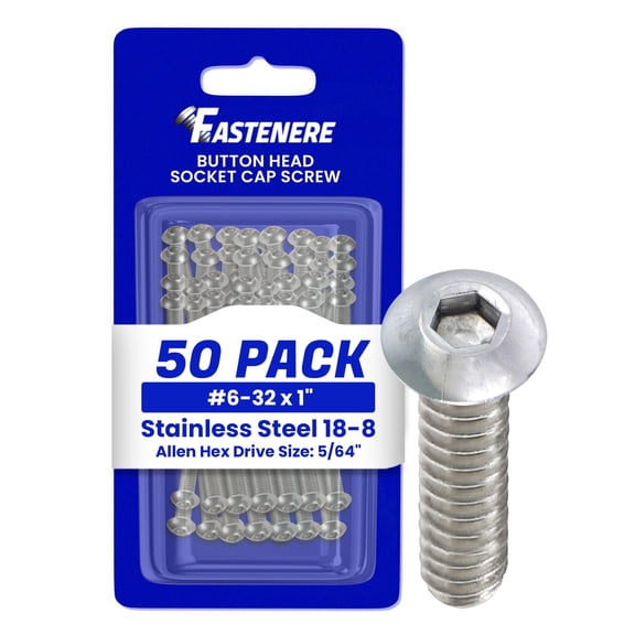 Fastenere Button Head Socket Cap Screws - 6-32 x 1" (50 Pack) Stainless Steel 18-8, Full Thread, Bright Plain Finish, Corrosion-Resistant, Machine Thread, Easy to Install w/ Allen Socket Drive