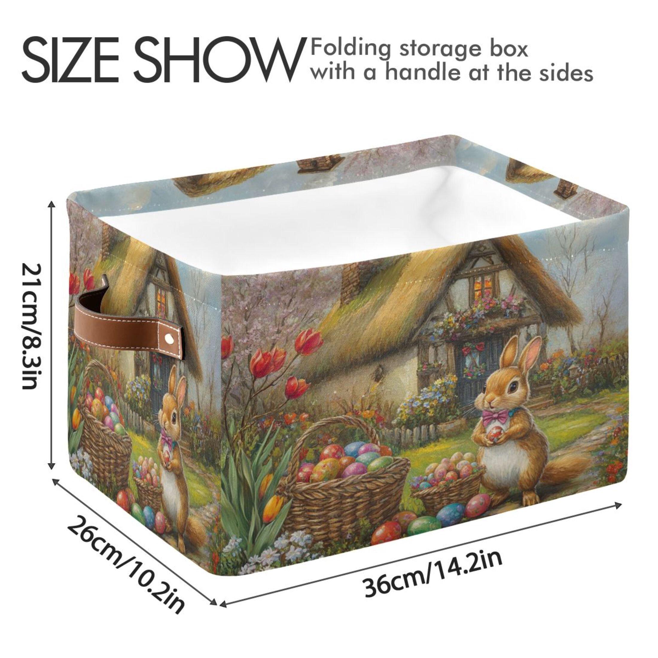WOBOGO Easter Cozy Straw House Square Storage Basket with Waterproof Canvas and PE Lining Durable PU Leather Handles 14.2×10.2×8.3in