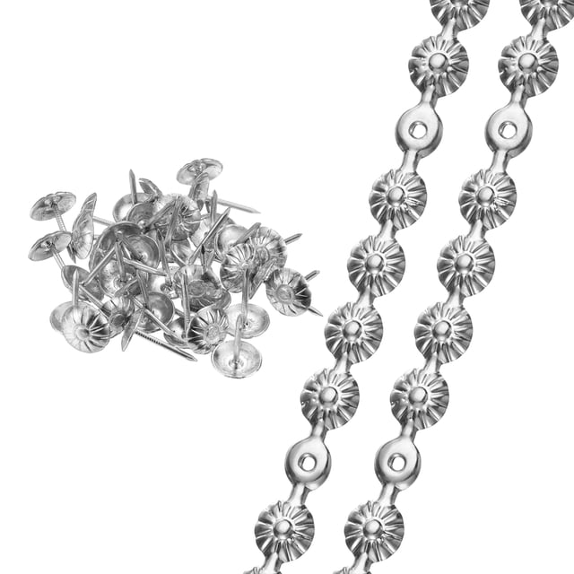 Uxcell 2 Pcs Tiras de Tachuelas para Tapicería, Tiras de Clavos Decorativos de 10m D11mm Acabado Brillante para Muebles Sofá Cabecero Silla Manualidades DIY con Clavos de Tapicería, Plateado (Flor)