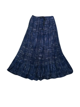 Mogul Women's Blue Maxi Skirt Casual Tiered Long Skirts