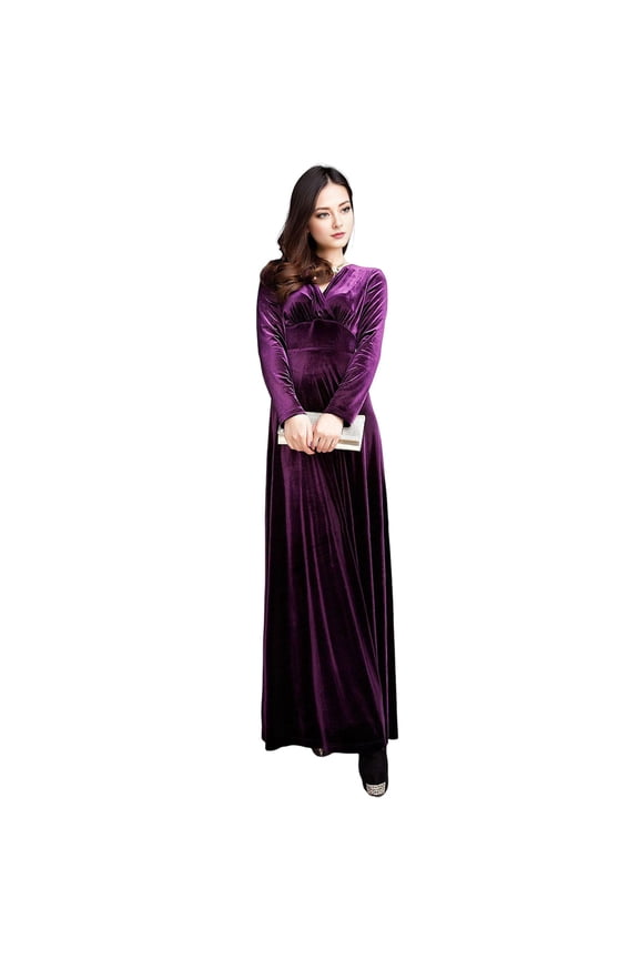 Women Evening Dress Golden Velvet V Neck Pleated A-line Pure Color Long Sleeves Full Length Dress High Waist Prom Party Maxi Dress