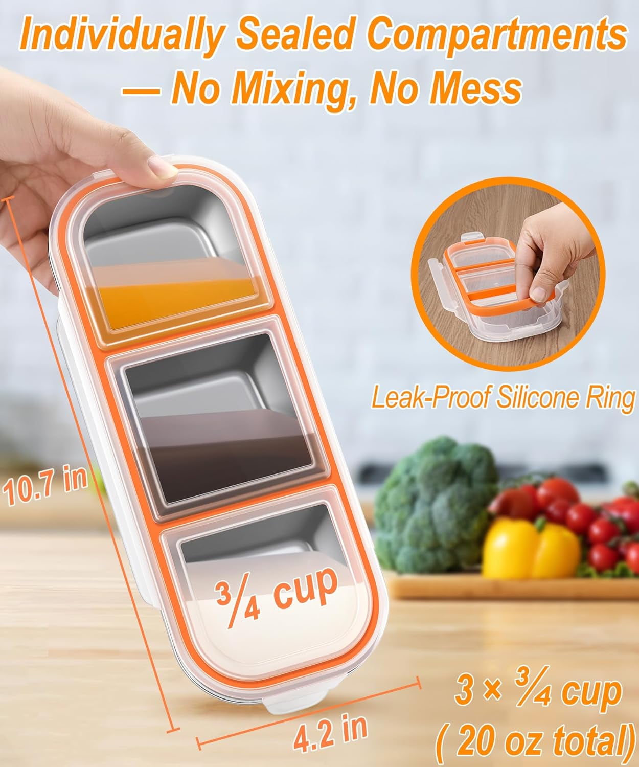 BAOKALER 20 OZ/600ml Stainless Steel Lunch Box, Silver, Three Compartments (Set of 3), Packaged in Kraft Paper Box. Material: 304 Stainless Steel, US Standard Silicone, PP Lid