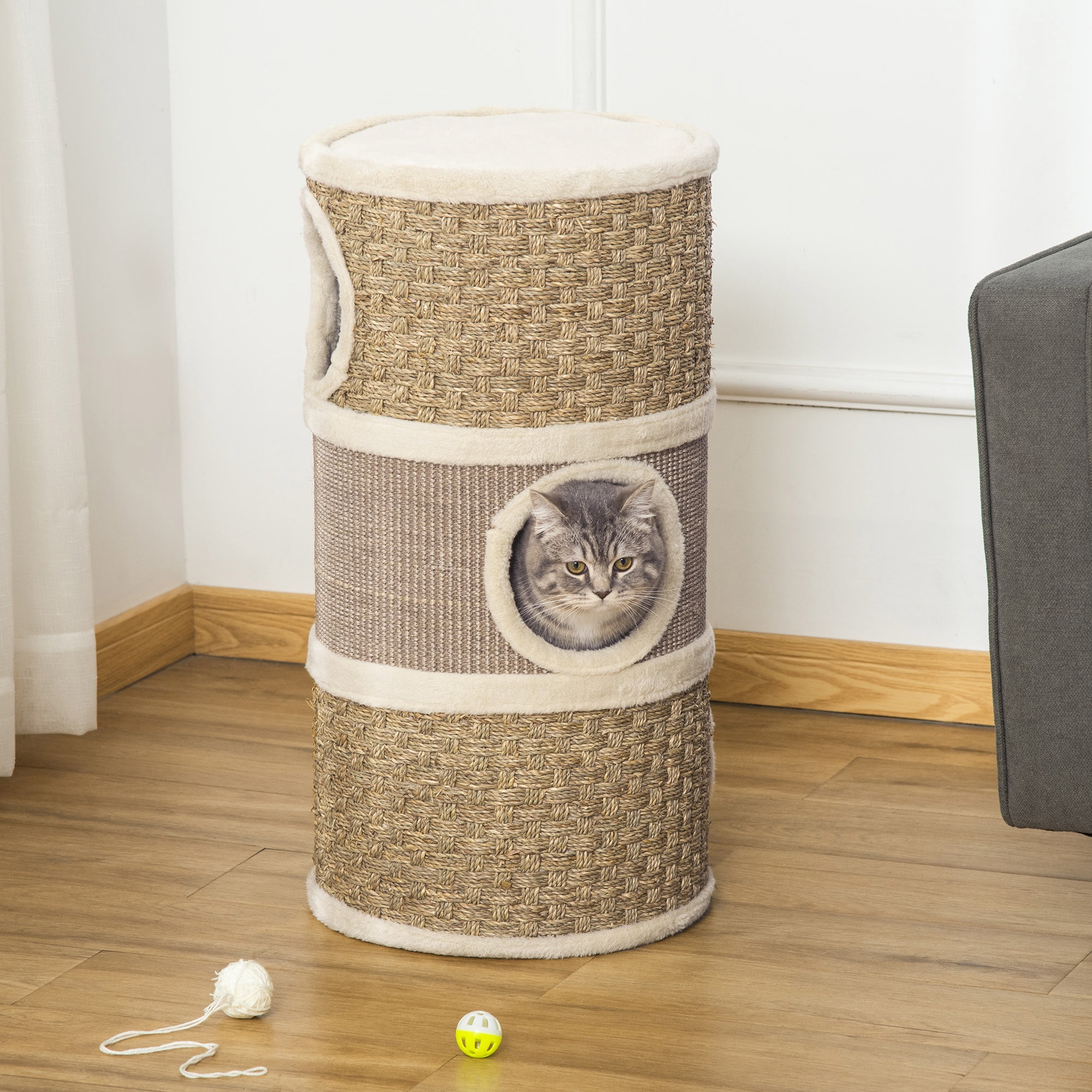 28 Inch Cat Condo, 3 Story Cat Hideaway with Sisal Scratching Pad, Barrel Shaped Small Cat Tree for Indoor Cats, Khaki and Brown