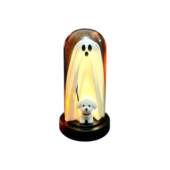 Halloween Decorations for Home with Glowing Ghost and Dog Figurine, 8-Inch Glass Dome, Spooky Halloween Table Decor for Indoor Party, Cute Halloween Ghost Decor for Fall Home and