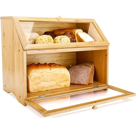 Bamboo Double Layer Bread Box for Kitchen Countertop, Large Capacity Natural Wooden Storage Bin with High Capacity