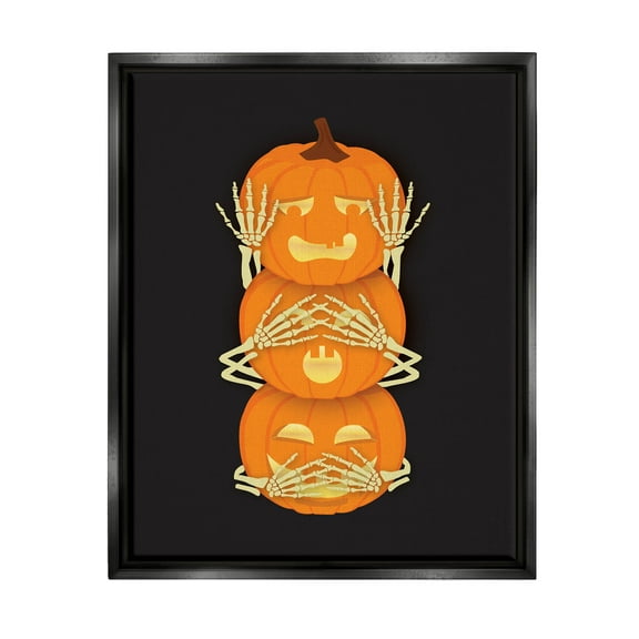 Stupell Industries Hear See Speak No Evil Pumpkins Graphic Art Jet Black Floating Framed Canvas Print Wall Art, Design by Linda Birtel
