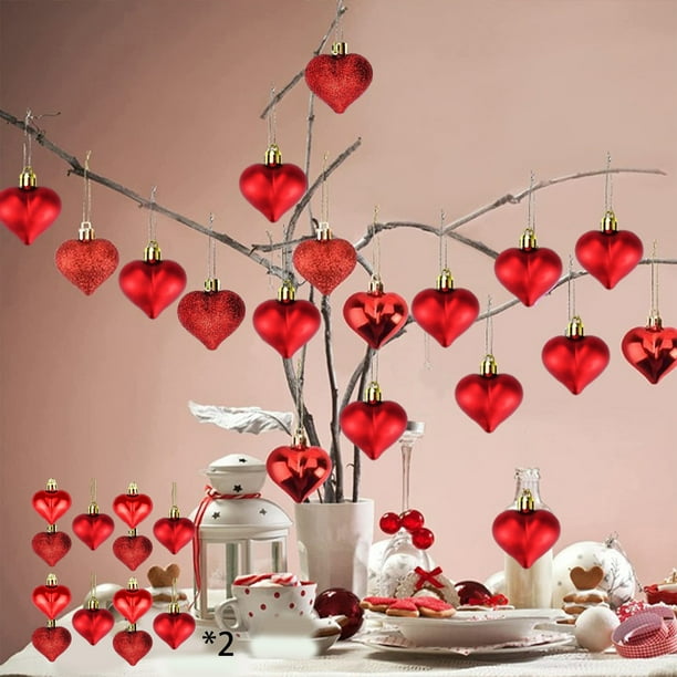 Apmemiss 24Pcs Valentines Day Decor Heart Ornaments Rose Gold Heart Shaped Baubles Ornaments for Valentine's Day Hanging Decorations or Wedding Anniversary Party Supplies Home Tree Decorations